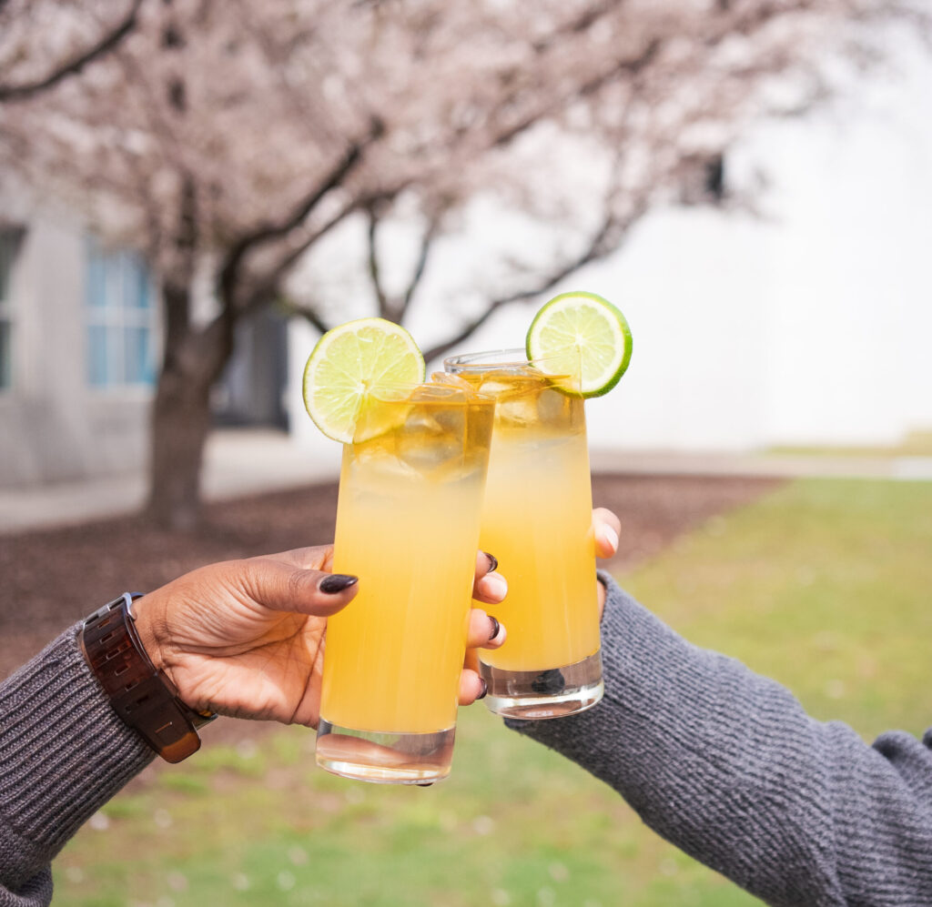 Two hands cheers cocktails in highboy glasses near a cherry blossom tree