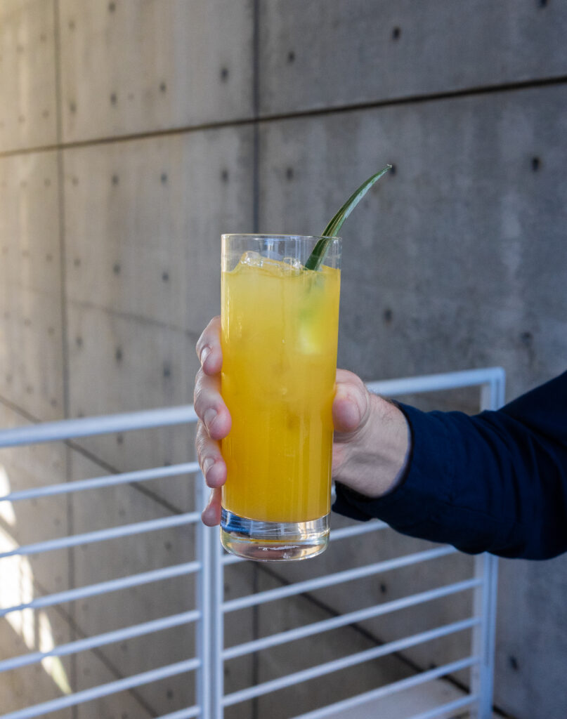 March Cocktail A person holding a tall glass of bright orange juice with ice cubes and a garnish. The background features a modern concrete wall with circular indentations and white metal railing.