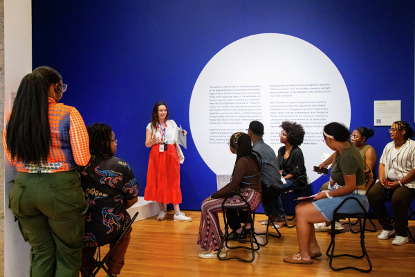 A group of people huddled around in a gallery listening to someone speak.